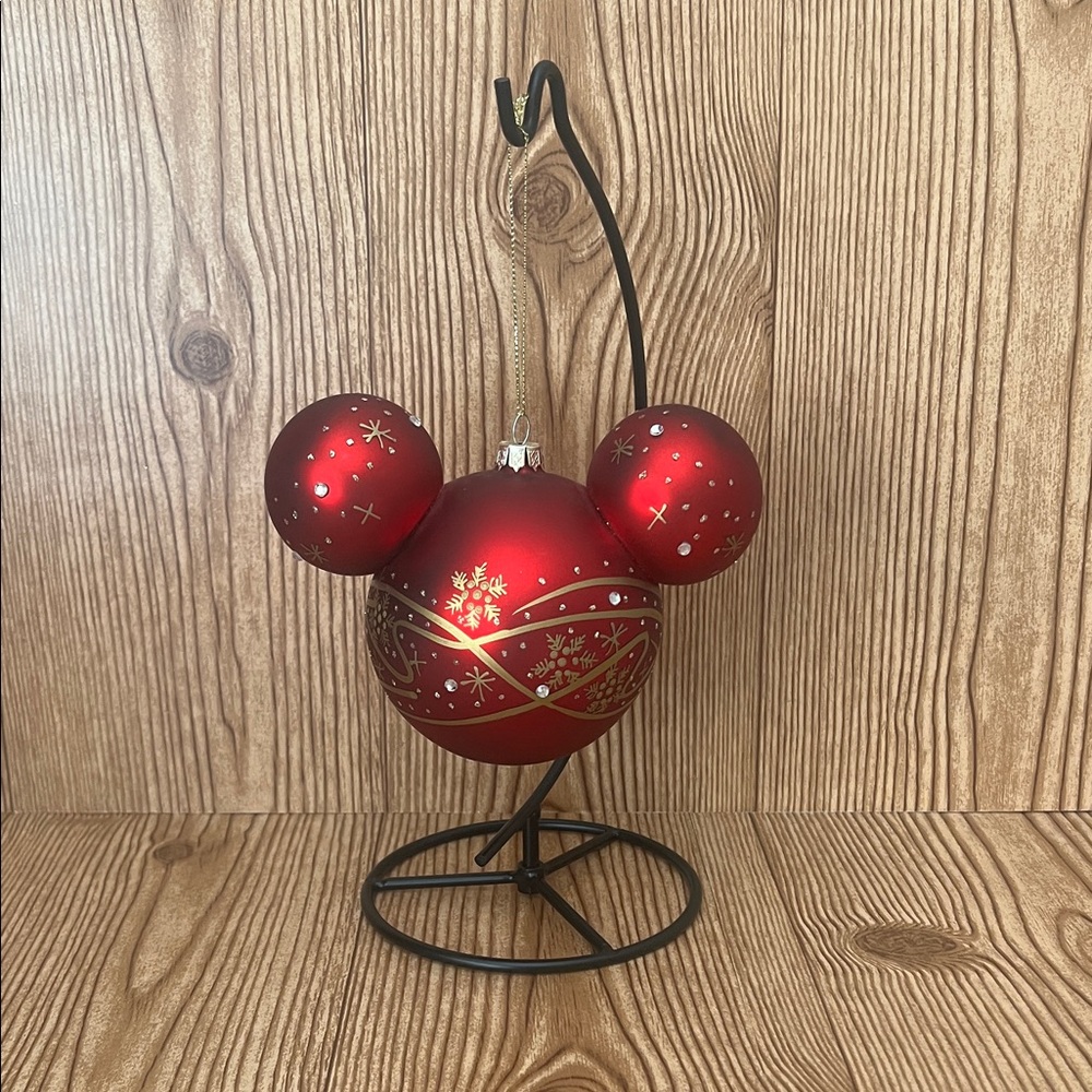 NWOT Disney Parks Metallic Red Gold Detail Gemstone Mickey Icon Ears Ornament